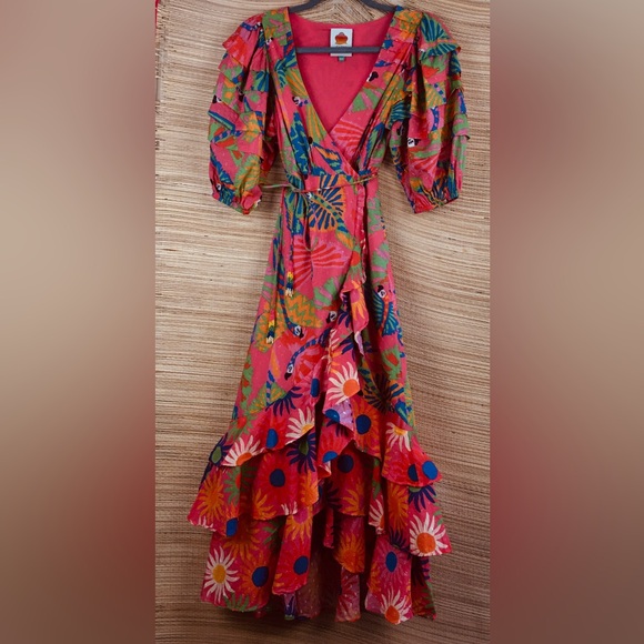Farm Rio Macaw Ruffled Wrap Dress  100% Cotton In Coral Size XXS - Picture 6 of 16